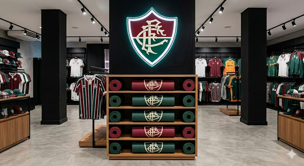 Prateleira de loja oficial do clube com tapetes Yogateria empilhados