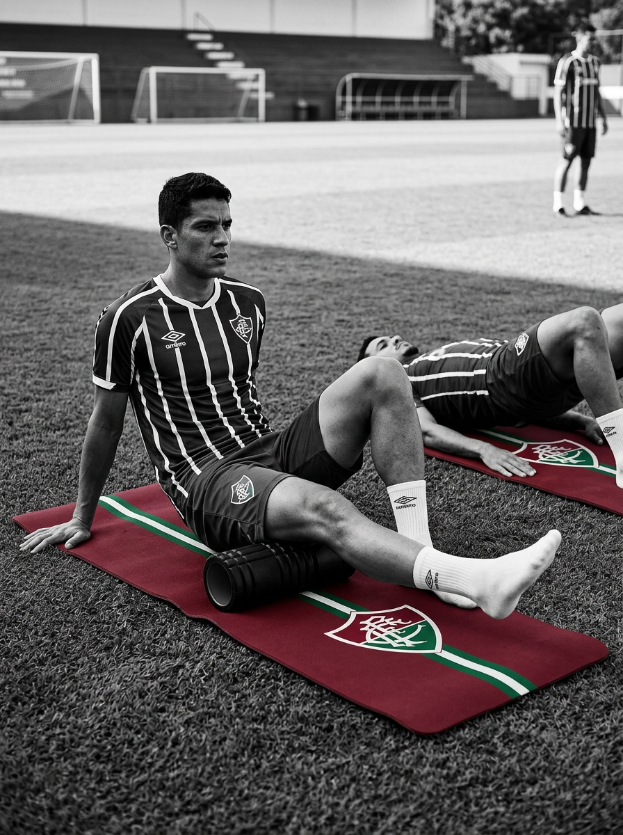 Atletas do Fluminense em recovery sobre tapetes oficiais