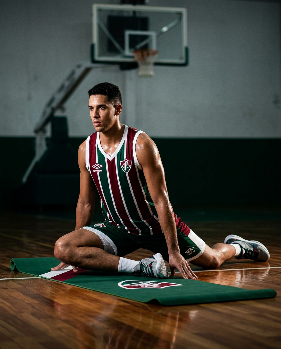 Atleta de basquete em recovery sobre tapete Fluminense