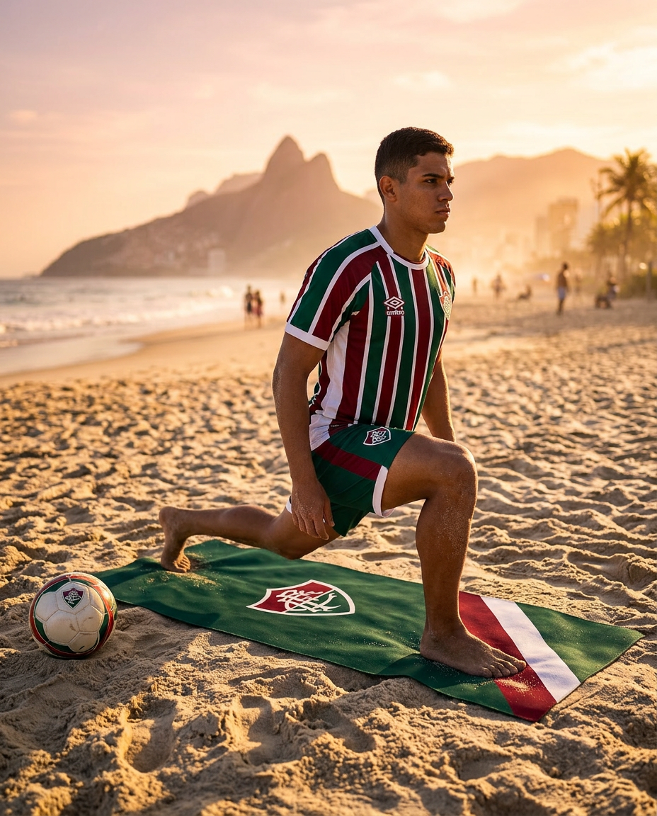 Atleta de beach soccer em ativação sobre tapete Fluminense
