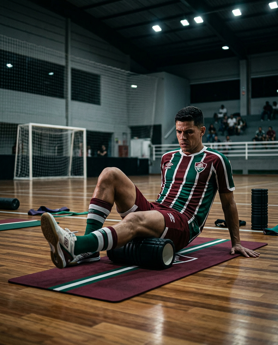 Atleta de futsal em recovery sobre tapete Fluminense