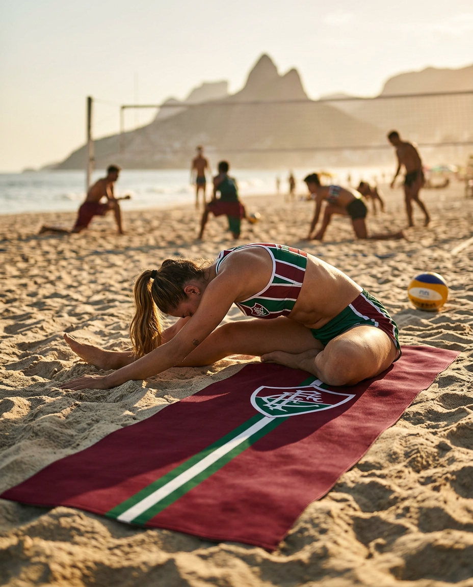Atleta de vôlei de praia em alongamento sobre tapete Fluminense